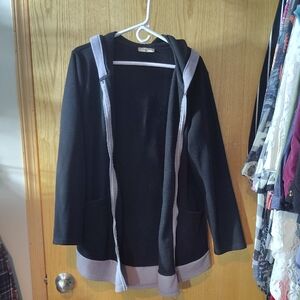 Black Hooded Open-Front Cardigan with Gray Trim